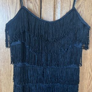 Vintage Women’s Black Fringe Dress Size 7/8 With Rhinestone Straps
